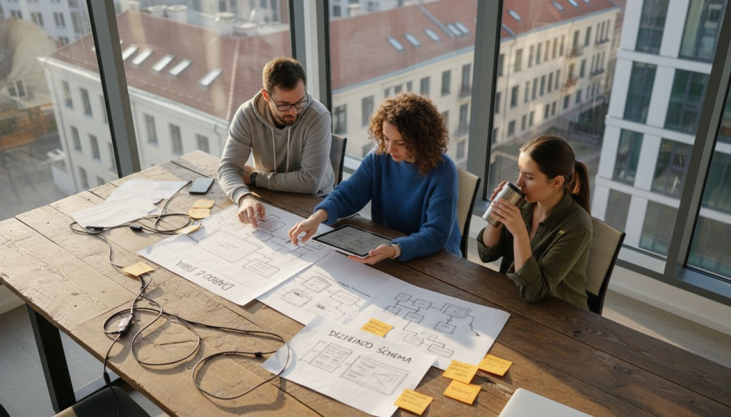 Mūsų verslo dizainerių komanda nagrinėja vartotojo sąsajos eskizus ir ieško geriausių sprendimų.