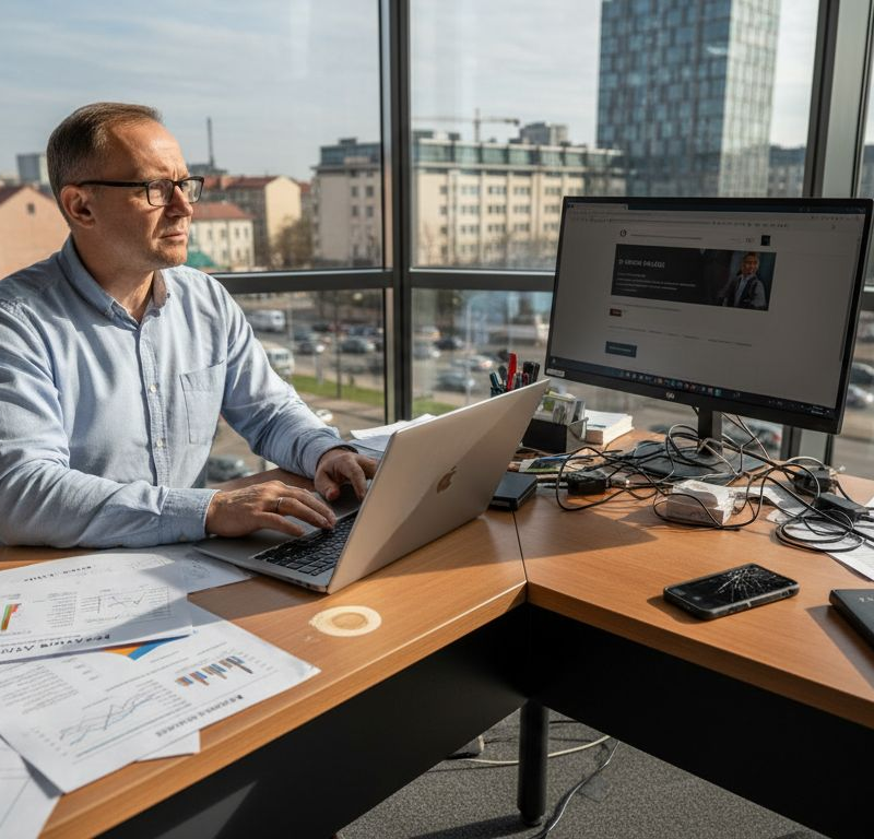 Verslininkas saulėtoje biuro aplinkoje tobulina savo svetainę