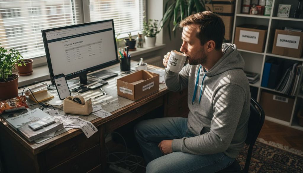 Internetinės parduotuvės savininkas dirbantis iš namų