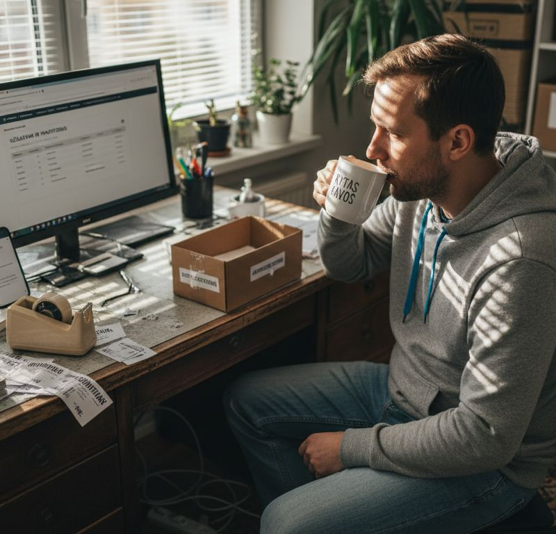 Internetinės parduotuvės savininkas dirbantis iš namų