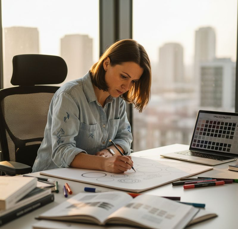 Dizaineris, įsitaisęs prie savo darbo stalo, piešia eskizus, kai pro langą skverbiasi saulės spinduliai.