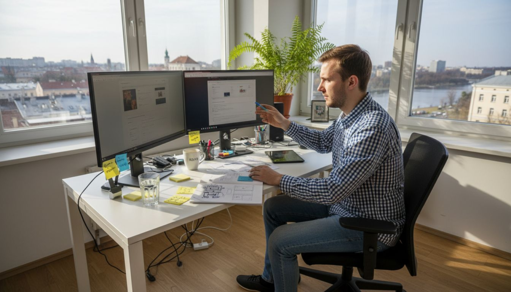 Internetinių svetainių dizaineris dirba prie dviejų ekranų šviesiame biure.