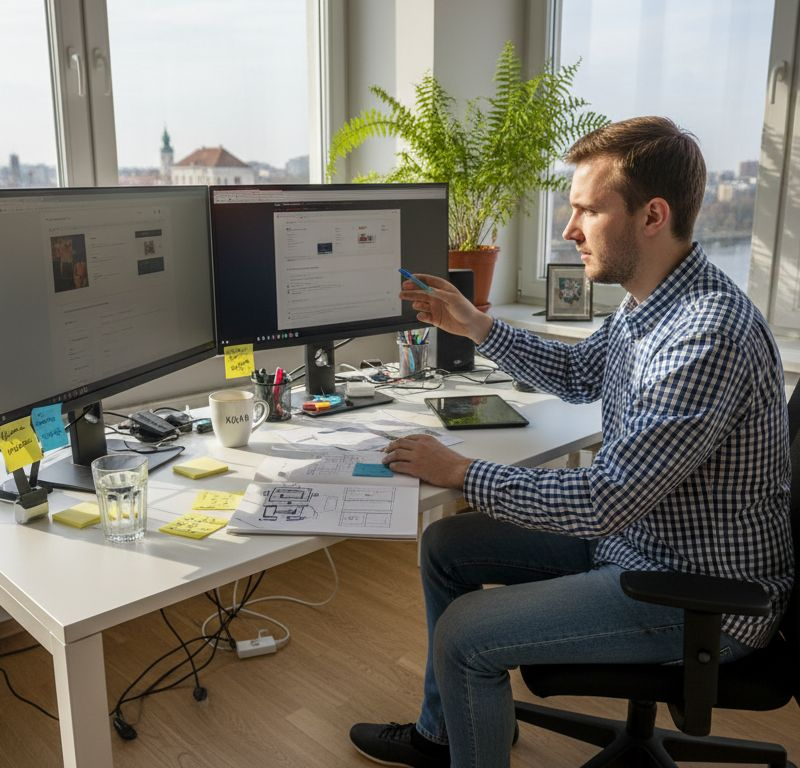 Internetinių svetainių dizaineris dirba prie dviejų ekranų šviesiame biure.